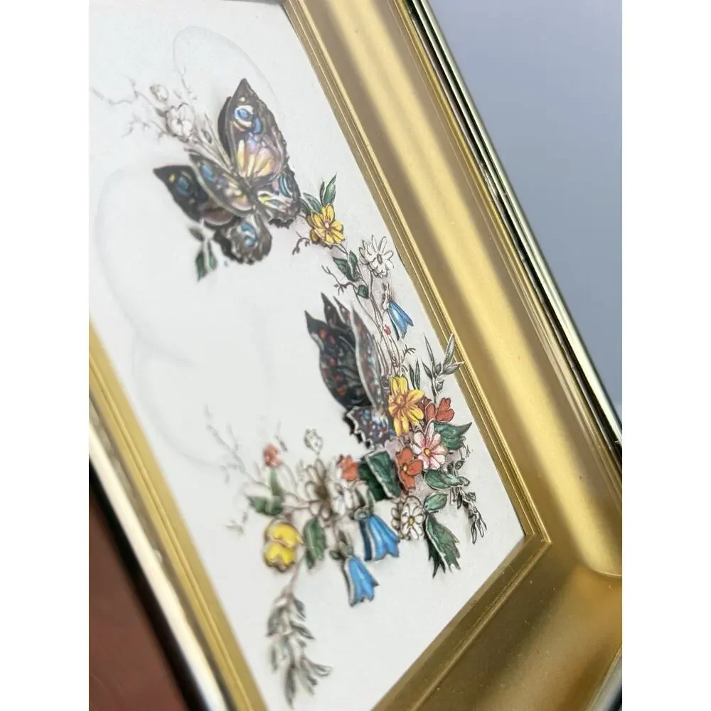 Vtg 3D Paper Tole Art Cottage Core Butterfly Floral Shadowbox Ornate Gold Frame